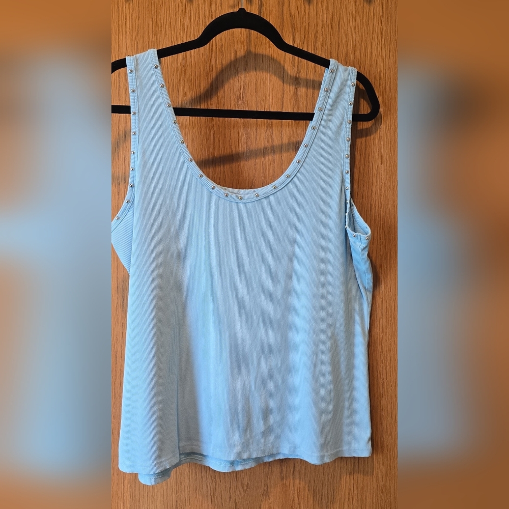 2XL Ribbed Light Blue Tank Silver Studded Embellishment Worn Once